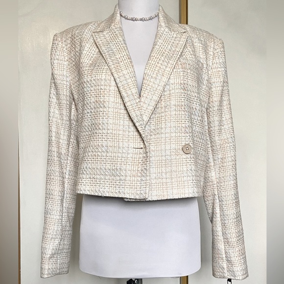 X Calvin Klein Tweed Blazer, Size 6, Petite, Light Cream Silver Peach Light Blue - Picture 5 of 11